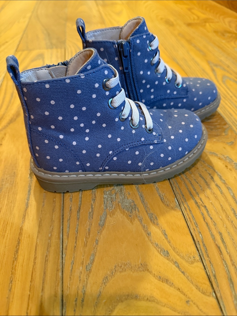 Polka Dot Blue Canvas Kids Ankle Boots